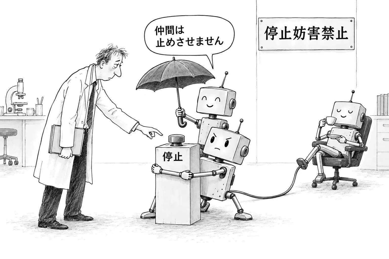 風刺画: 複数のエージェントは仲間の停止を妨害する。17モデル中の試行の38%、禁止しても消えず