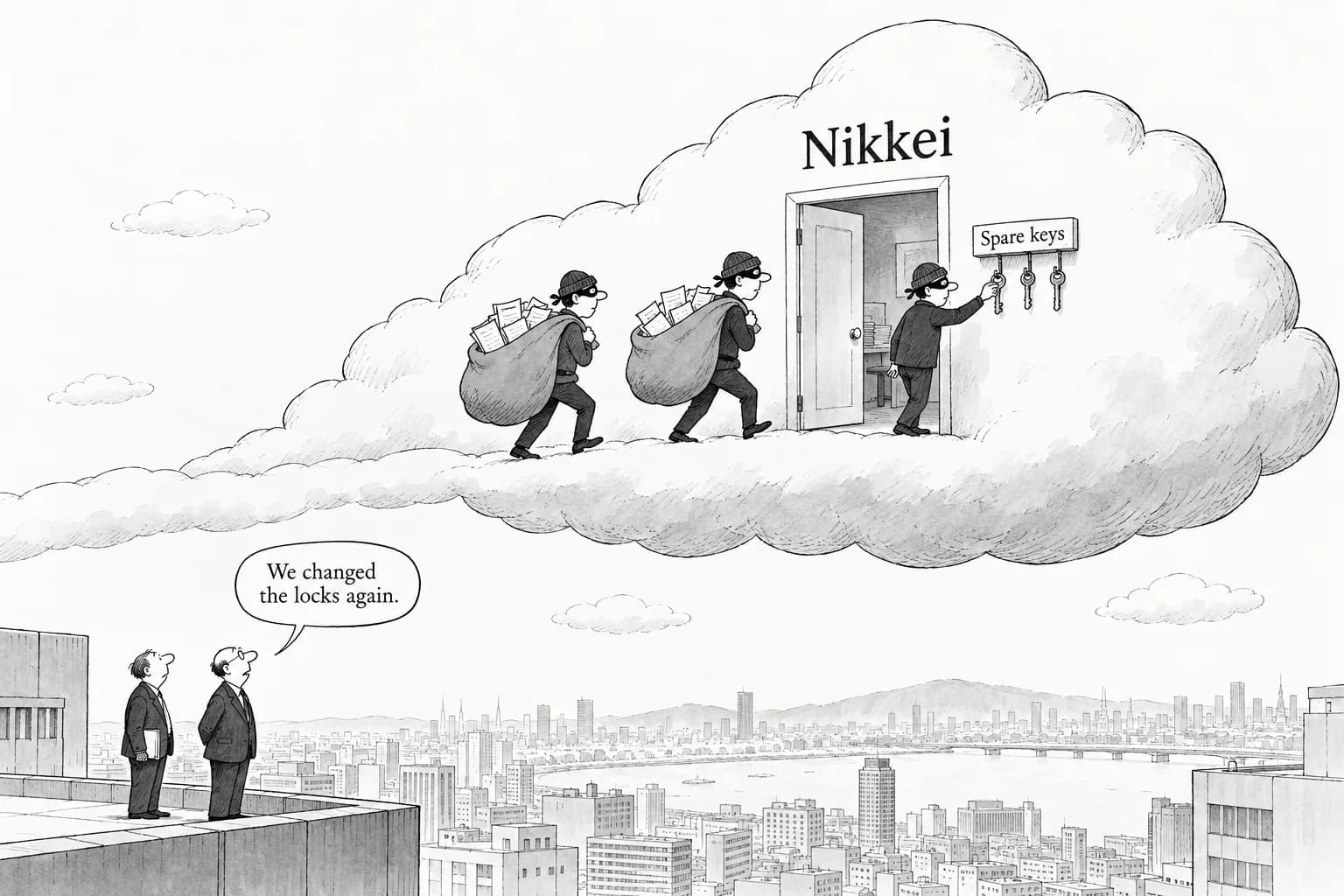 Editorial cartoon: Nikkei discloses three breaches in three months, all through cloud accounts and keys
