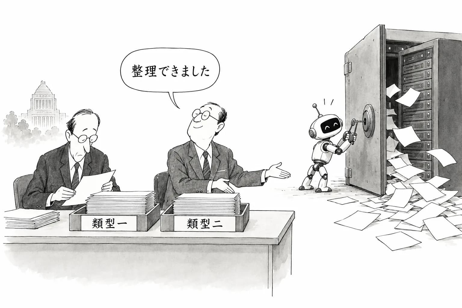 風刺画: AIエージェント事故の過失責任、経産省手引きが「2類型」で線引き 米国では自律型AIハッキングが法的責任論に発火
