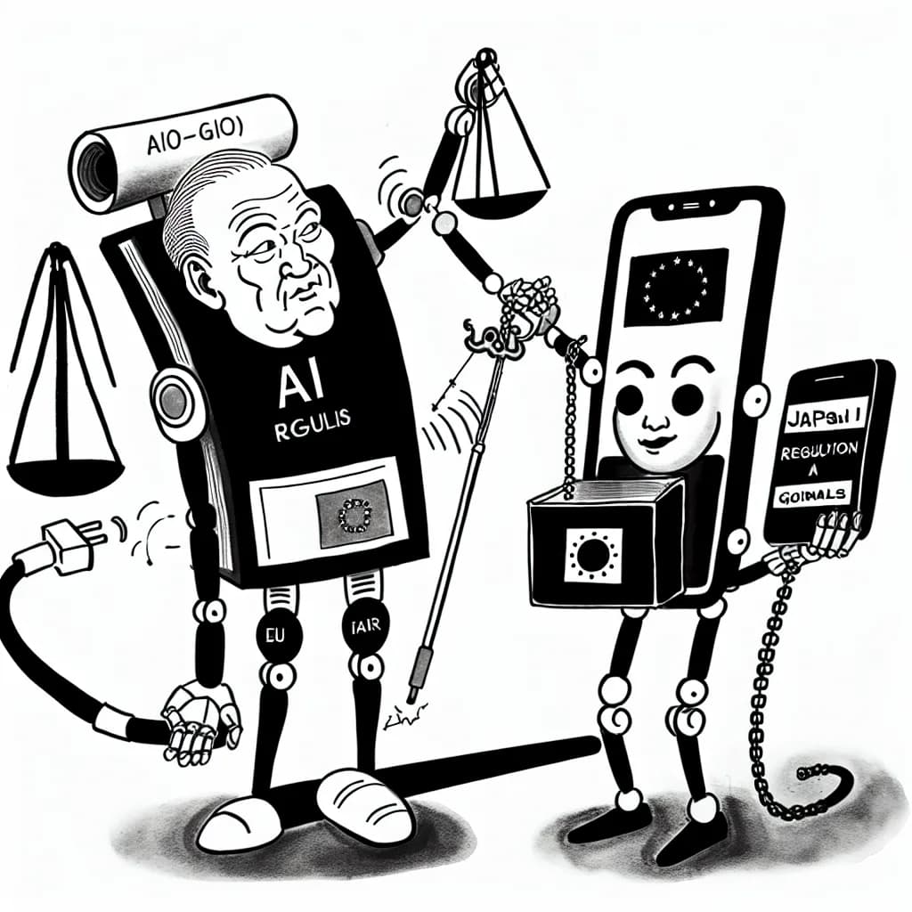 風刺画: 日本のAI規制ガイドライン：グローバル動向と企業が直面する実装課題