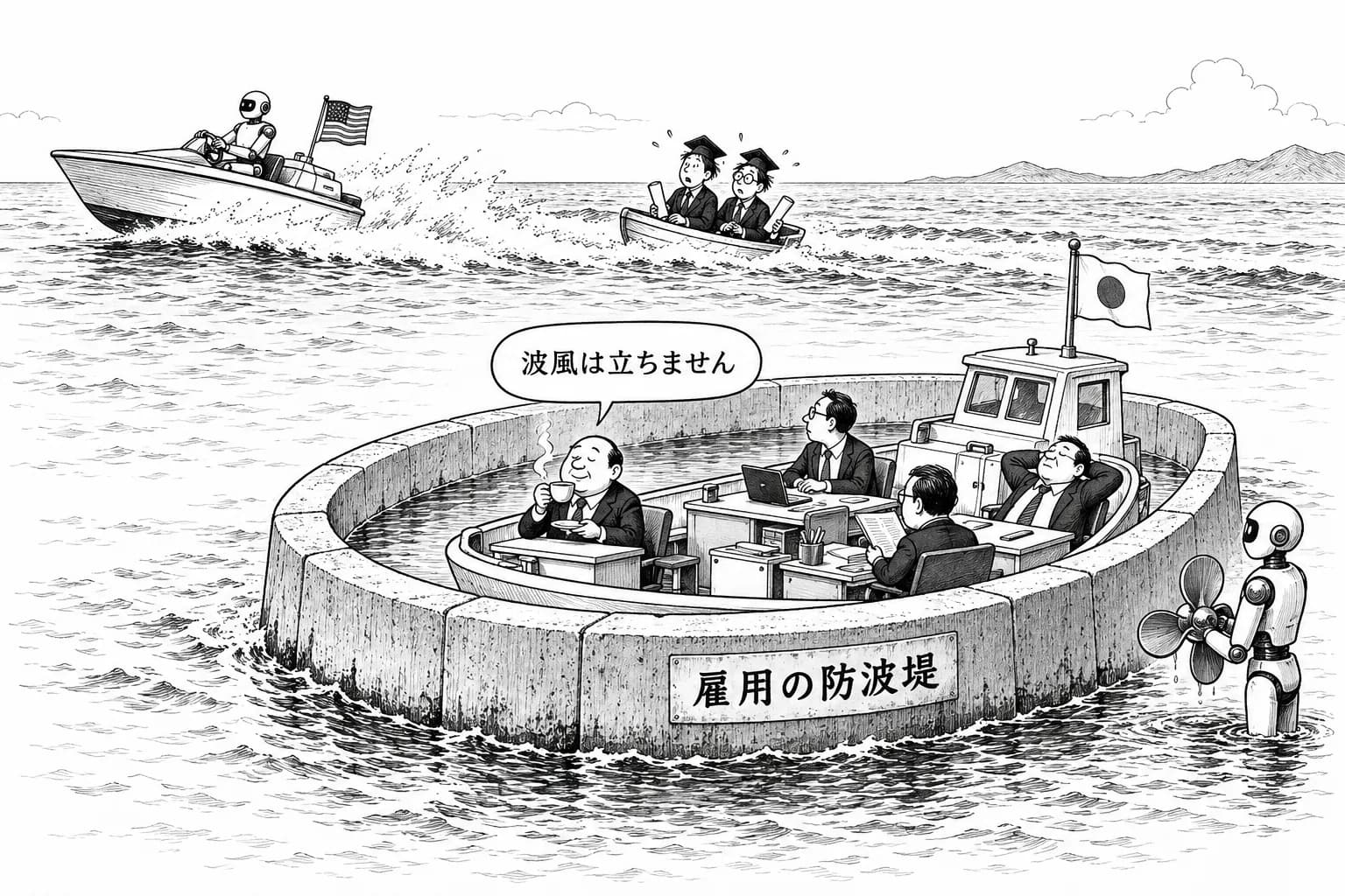 風刺画: AIによるホワイトカラー代替、米国は新卒から侵食――日本は「メンバーシップ型雇用」が防波堤も生産性で劣後