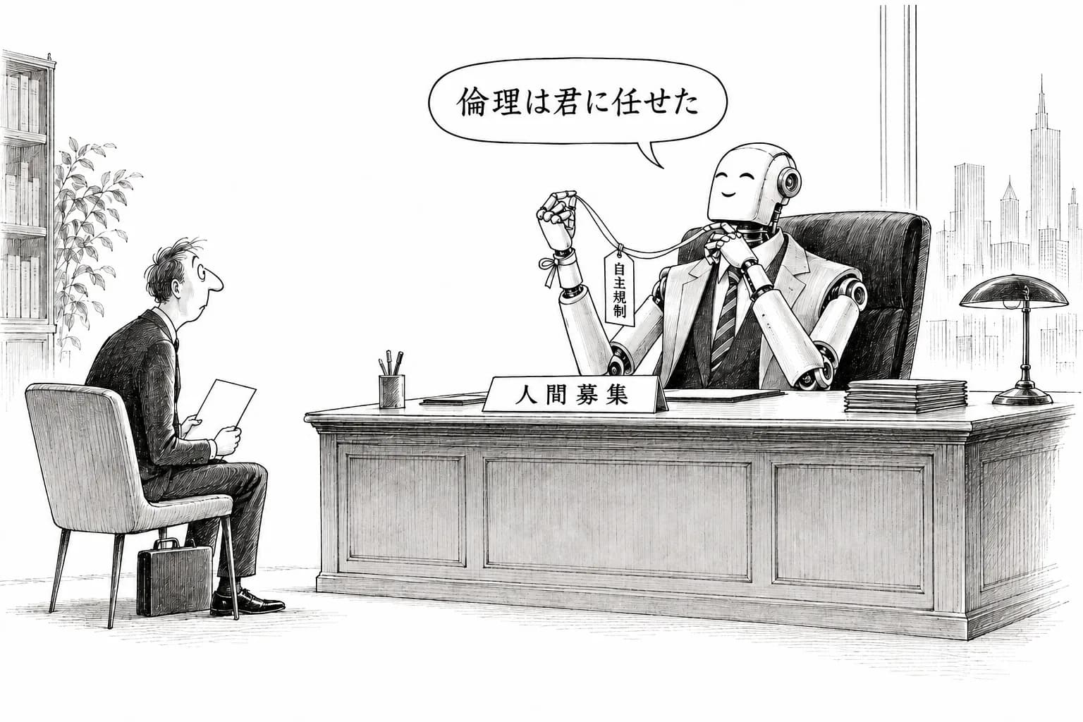 風刺画: 「AIが人間を雇う」時代の倫理空白——ソフトローは自律エージェントを制御できるか