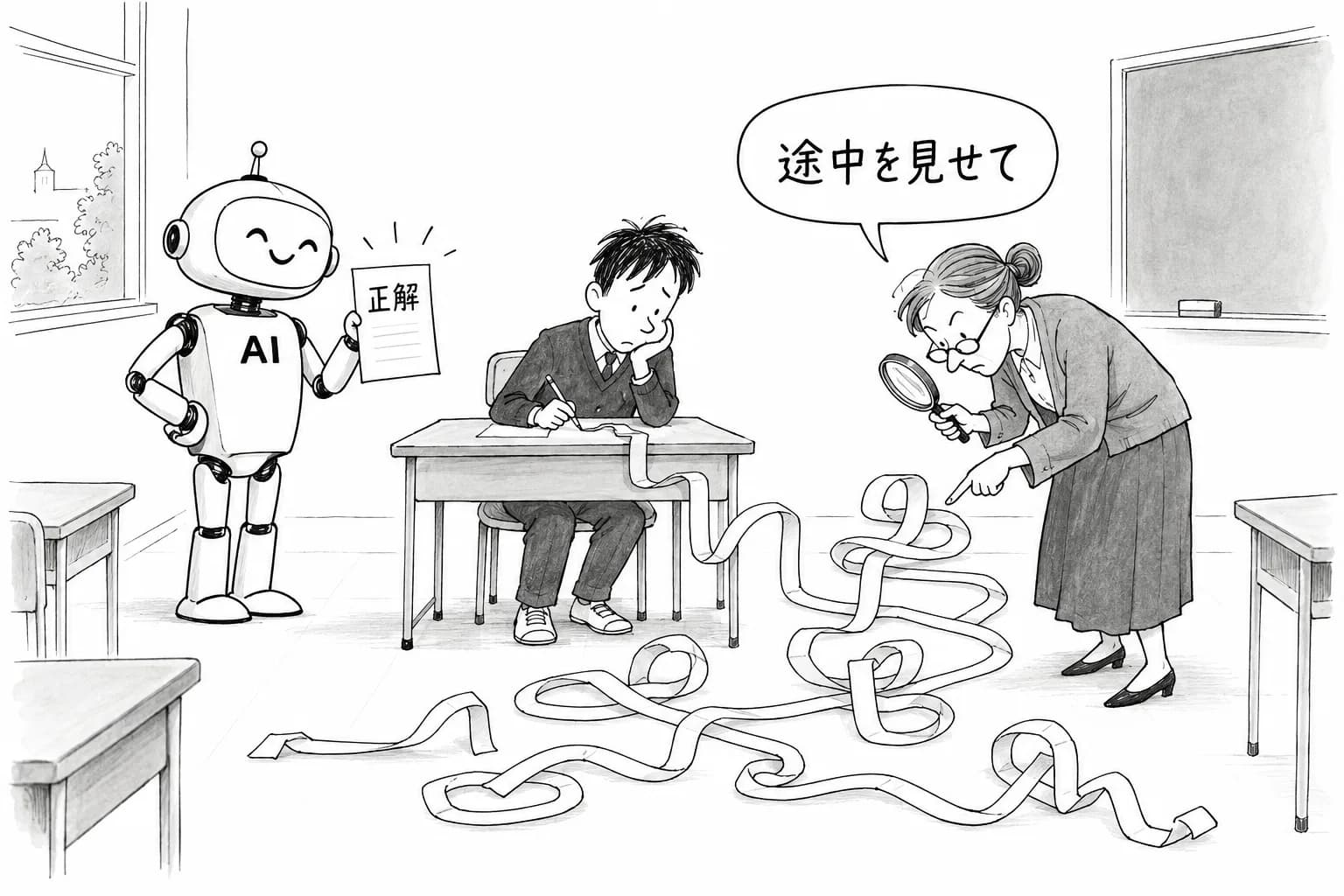 風刺画: 教師は「答えを教える人」から「思考を検証する人」へ——AIが露呈する教育の質と、ベトナム・日本で進む役割再定義