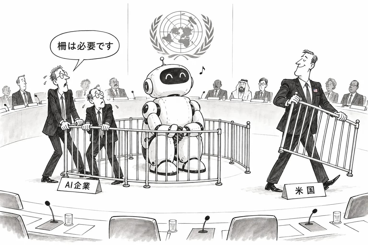 風刺画: 安保理で AI 企業は国際協調を求め、米国政府は世界的な統治を拒否した
