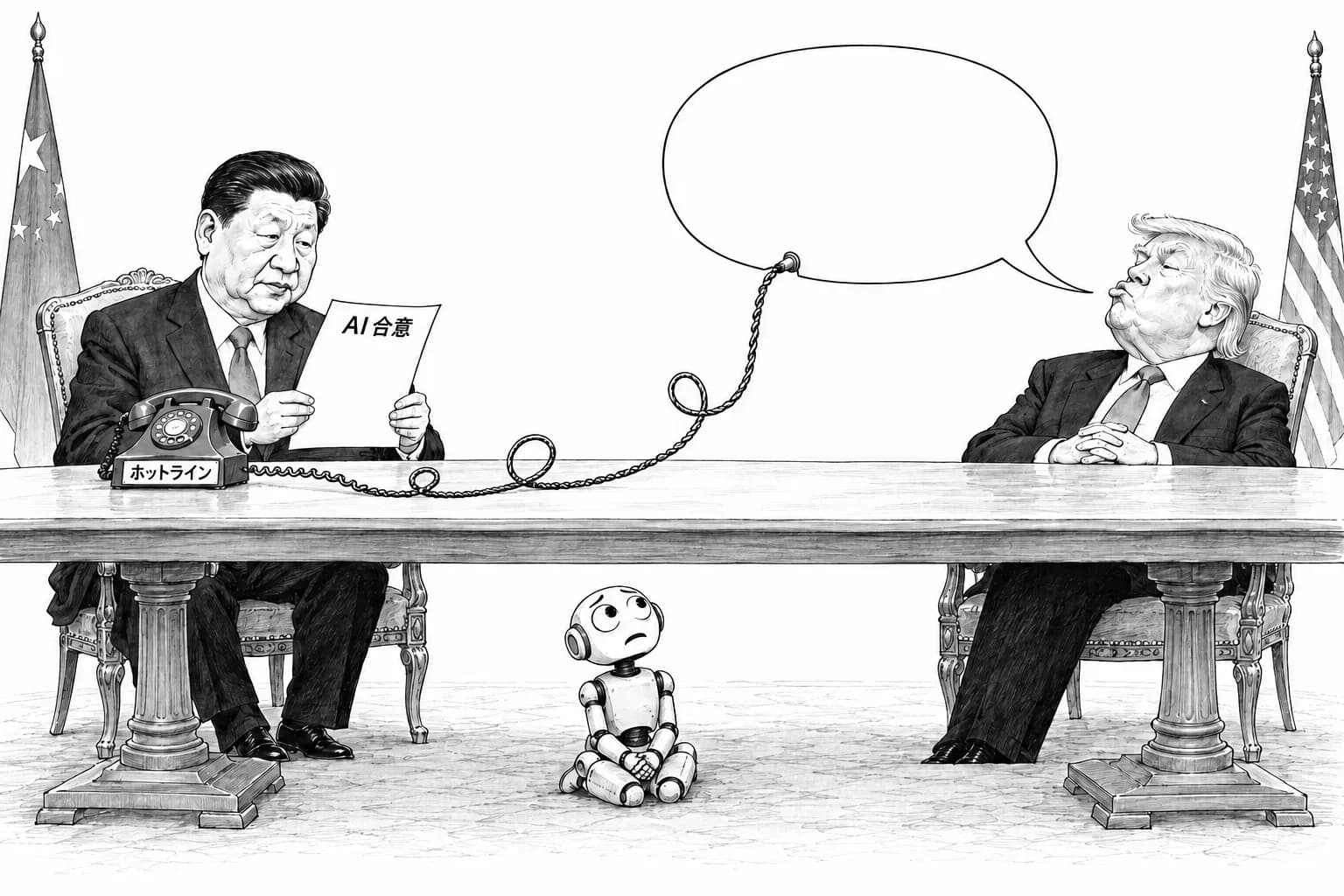 風刺画: 米中首脳会談、AI の合意は中国の読み上げの中だけ。ホワイトハウスは文書を出さず、「ホットライン」は口頭の説明にとどまる