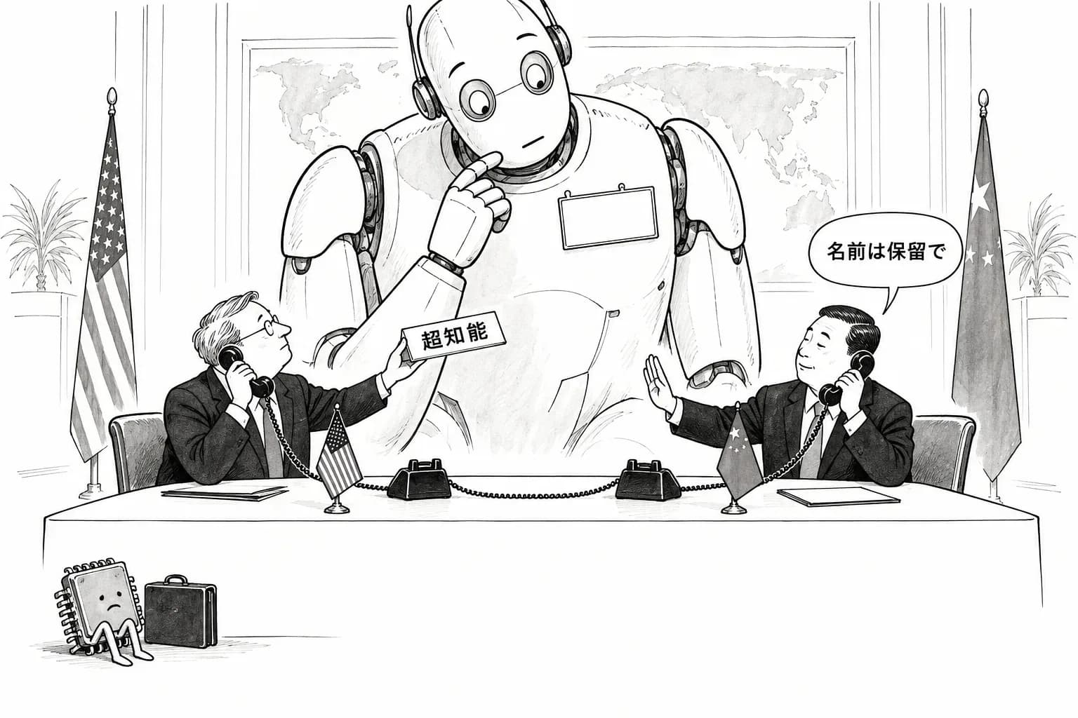 風刺画: 米中の AI『ホットライン』が双方の文書に　ただし中国は『超知能』という呼び名を受け入れず