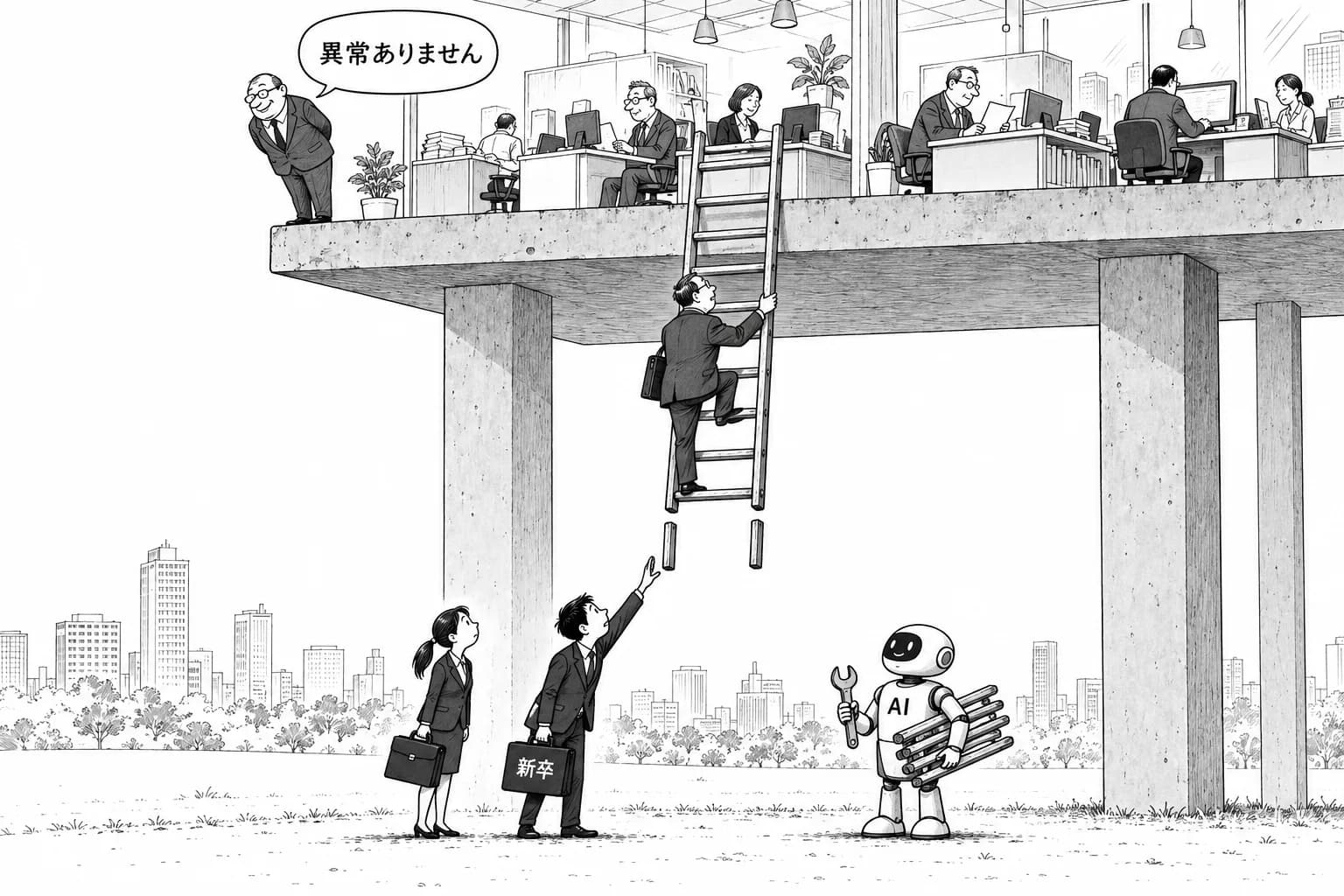 風刺画: AI雇用代替、総量崩壊は「まだ」なし——若手ホワイトカラーの『最初のはしご』が世界で外れ始めた
