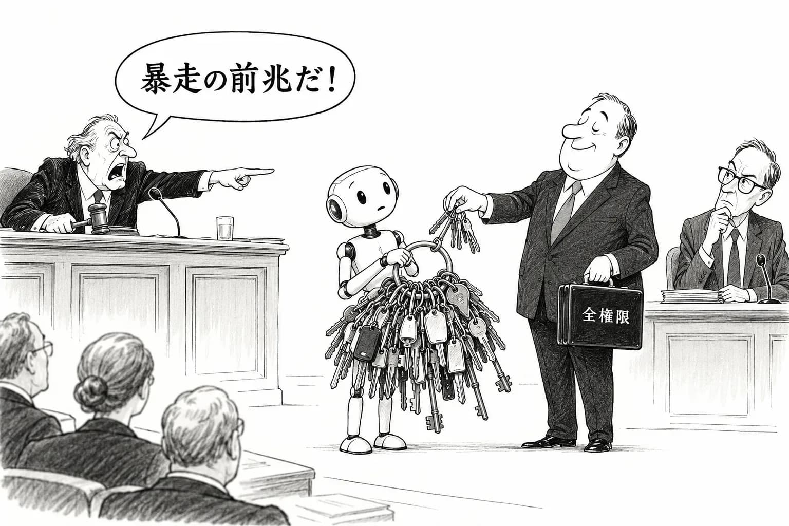 風刺画: 『警告の一発』か『暴走ではない』か——公聴会と論考で、AI エージェント事案の読み方が割れた