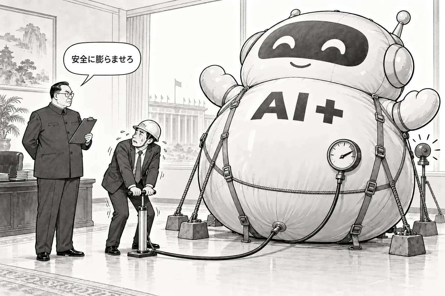 風刺画: 中国、党中央と国務院の『新質生産力』指導意見で AI の『安全・信頼・制御』を明記——リスクの早期警報と緊急対応の仕組み作り、やみくもな投資には幹部の責任を問う