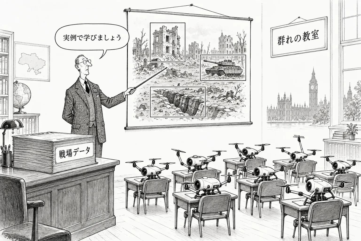 風刺画: 英国企業、ウクライナの戦場データでドローンの群れの AI を開発へ　500万フレーム超の注釈付きデータを外国政府に初めて提供