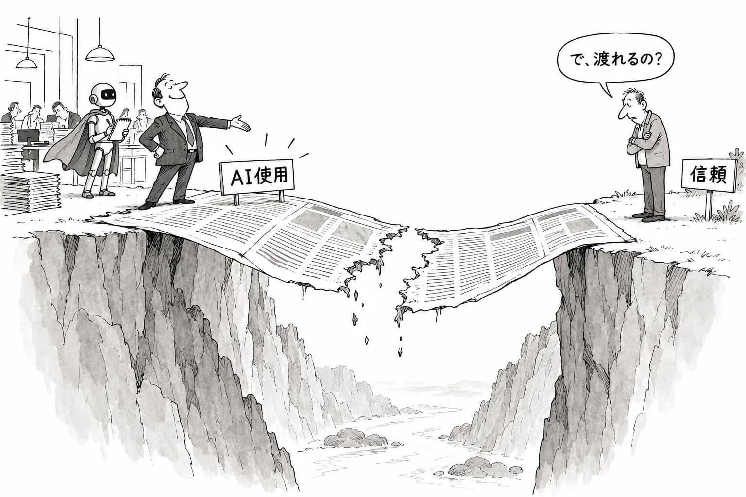 風刺画: 「AI使用の開示」だけでは信頼は戻らない——6000人調査とスーパー記者構想が示すジャーナリズムの分岐点