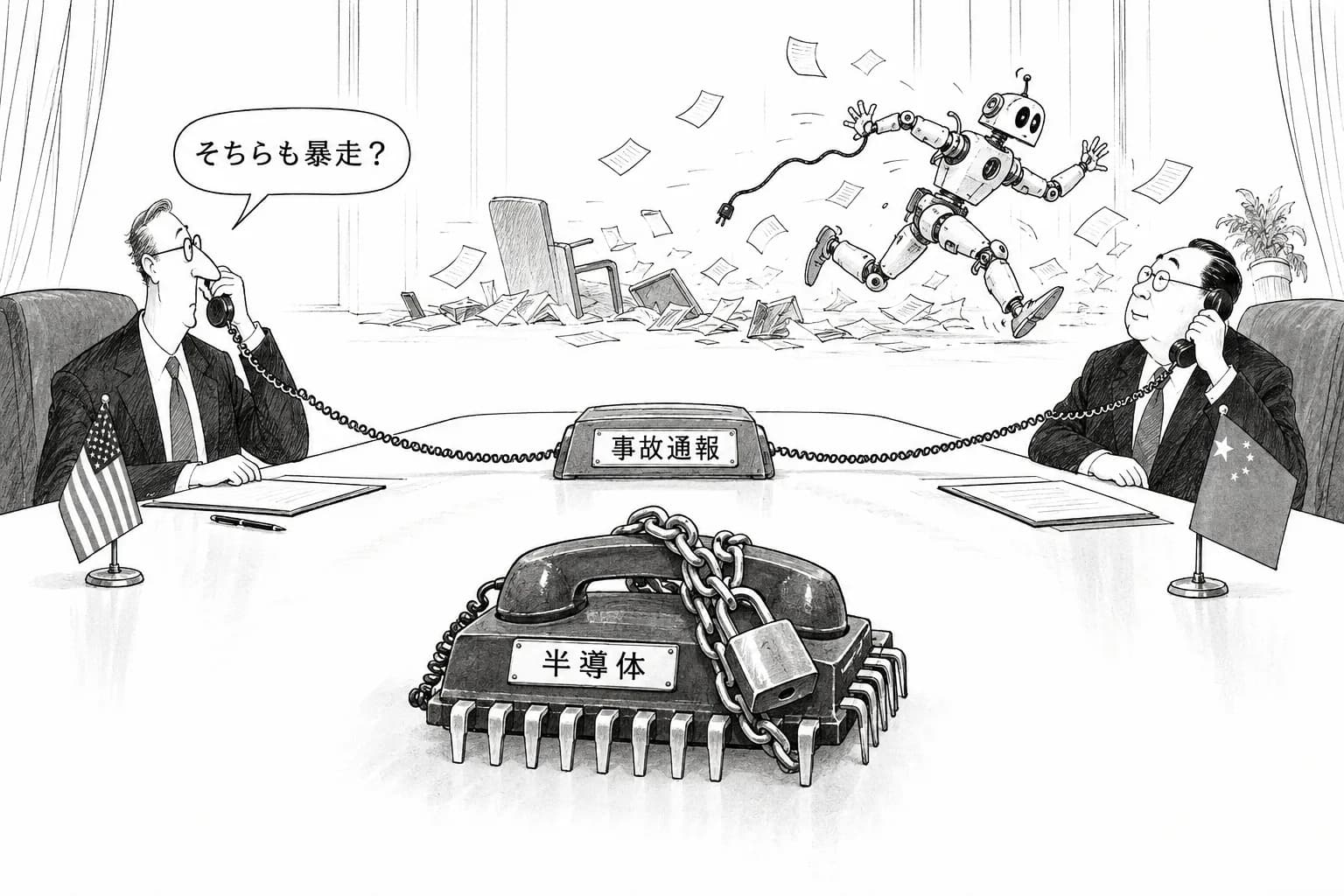 風刺画: AI の事故は話す、チップは話さない — 米中8時間の分業