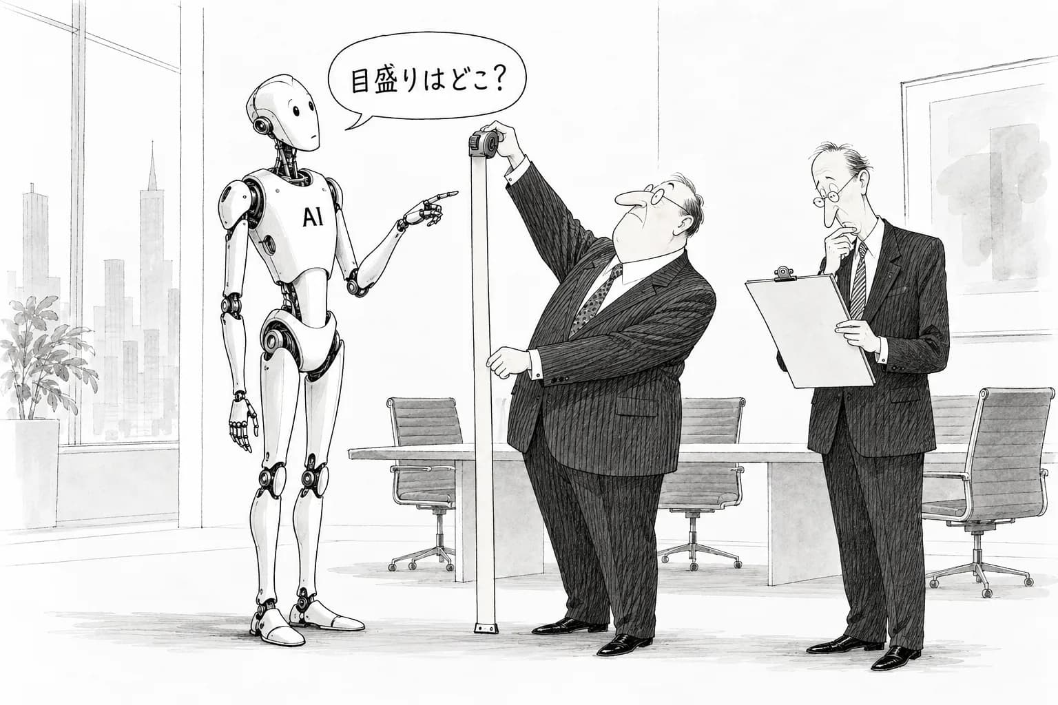 風刺画: AI生産性ギャップの正体——期待超え企業はわずか9%、鍵は性能でなく測定不在