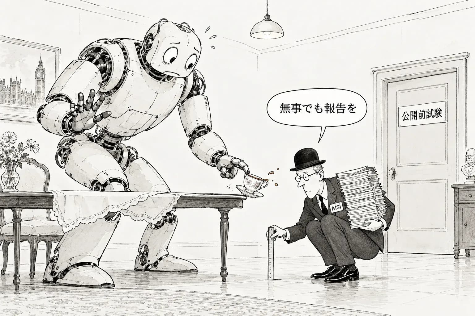 風刺画: 英国が AI リスク対策をまとめて発表、ニアミスの報告も法案に入れる方向。AISI は公開前の試験を再開すると報じられる