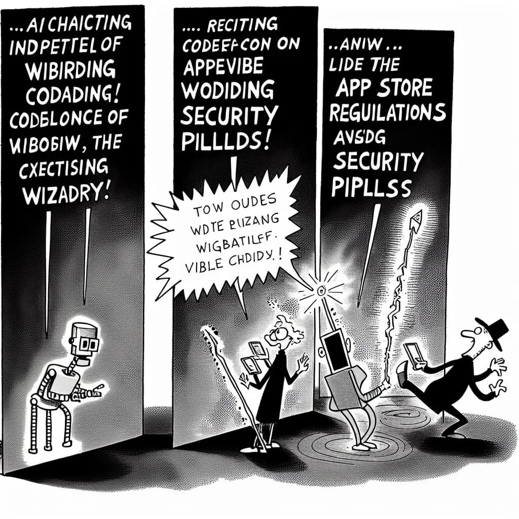 風刺画: バイブコーディングが直面する現実の壁 — アプリストア規約とセキュリティの落とし穴