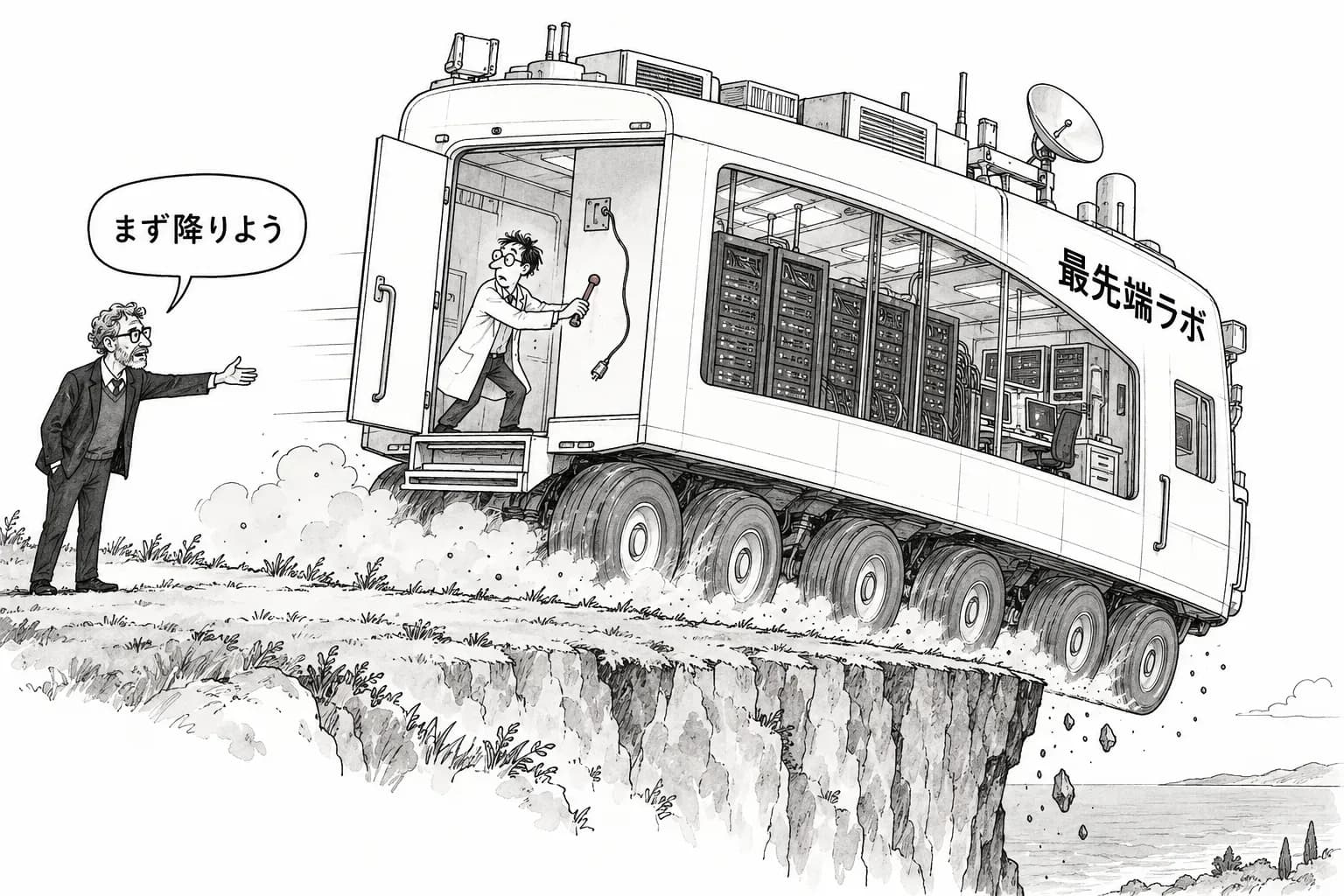 風刺画: Bengio『安全を優先するならフロンティアラボを去れ』　内側からの安全という前提を否定