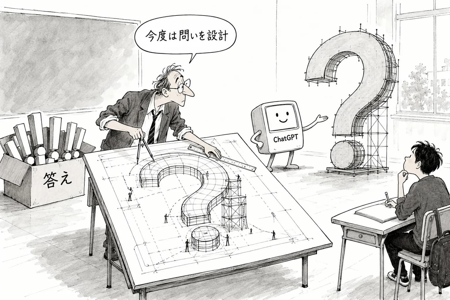 風刺画: ChatGPTの「学習モード」が突きつける教師の役割転換——答えを渡す者から、問いを設計する者へ