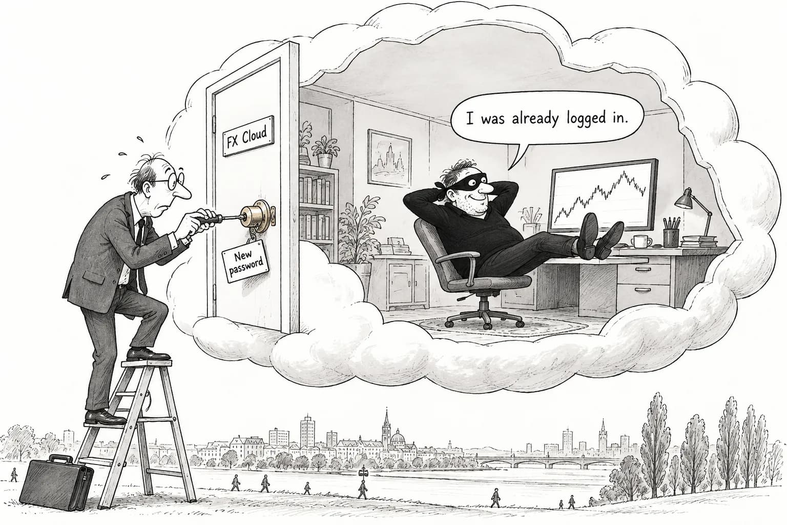 Editorial cartoon: Account keys may have been stolen from an FX auto-trading cloud: cut your sessions first
