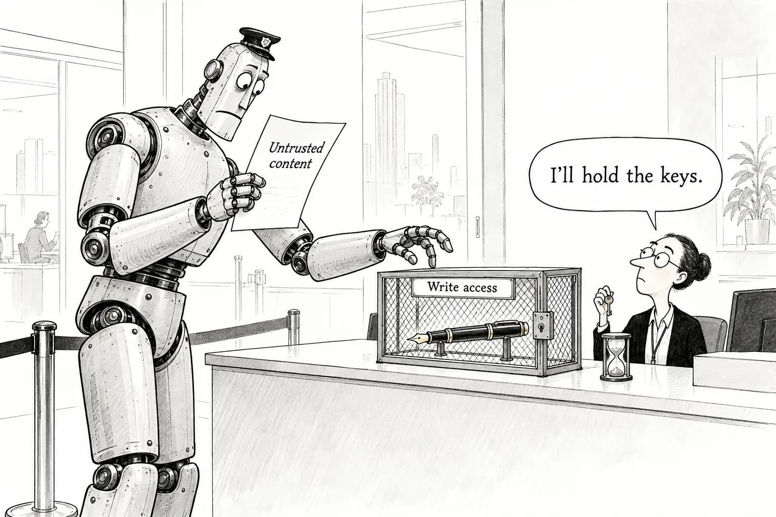 Editorial cartoon: Microsoft: Don't let a model guard itself; contain prompt injection with permissions