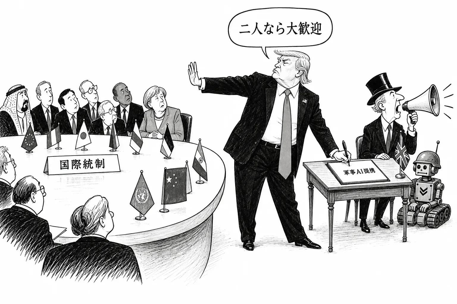 風刺画: 拒否と署名が同じ日に起きた — 米国は多国間を降り、二国間に入った