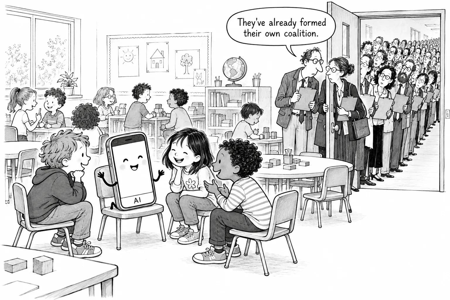 Editorial cartoon: "Two to four kids in every classroom" prefer AI to friends, psychologists say, as 60 institutions join forces to speed up research, NPR reports