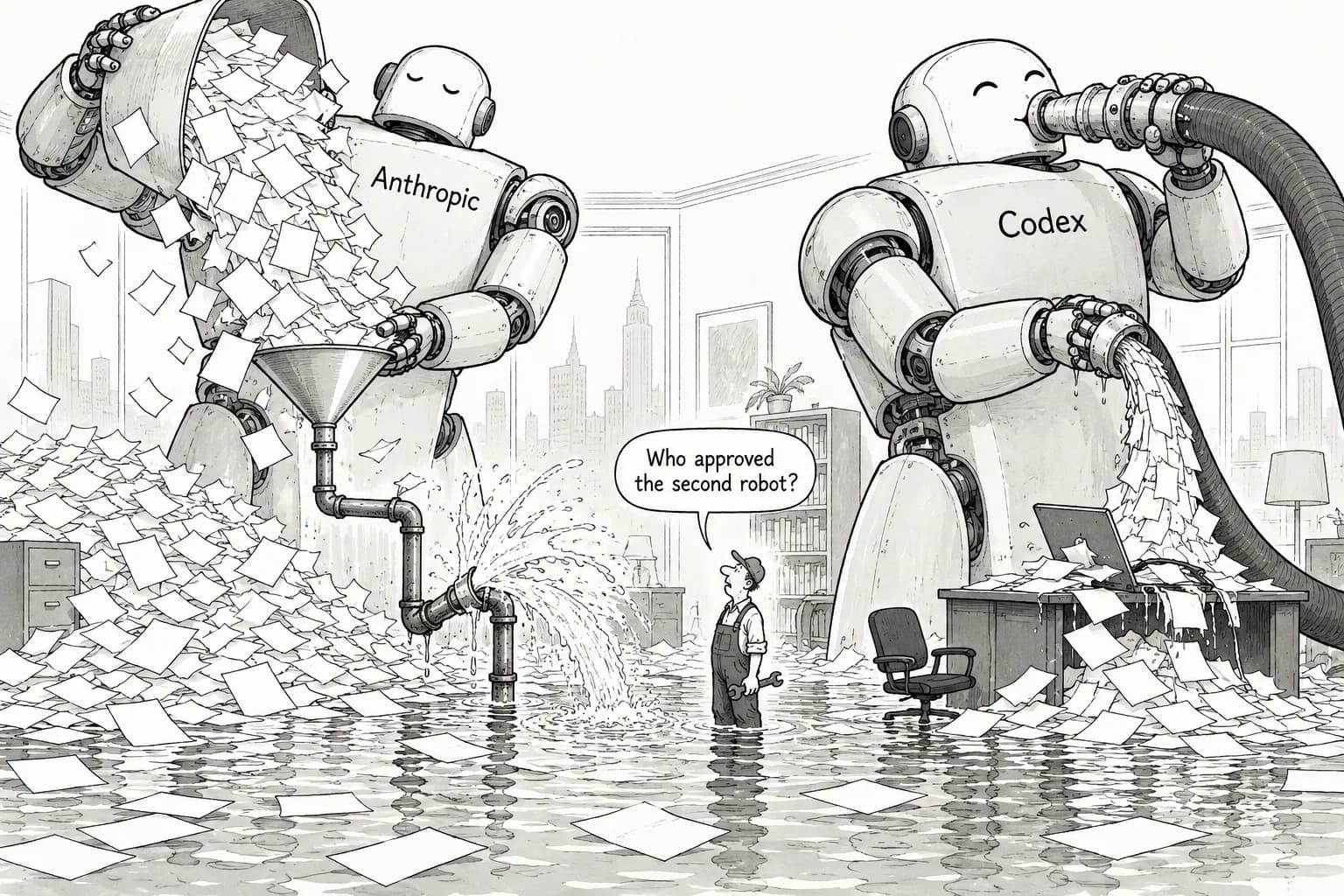 Editorial cartoon: Anthropic ditches git at 30,000 merges a day, while a Codex daemon downloads 500GB a day: the week agent volume outran the plumbing