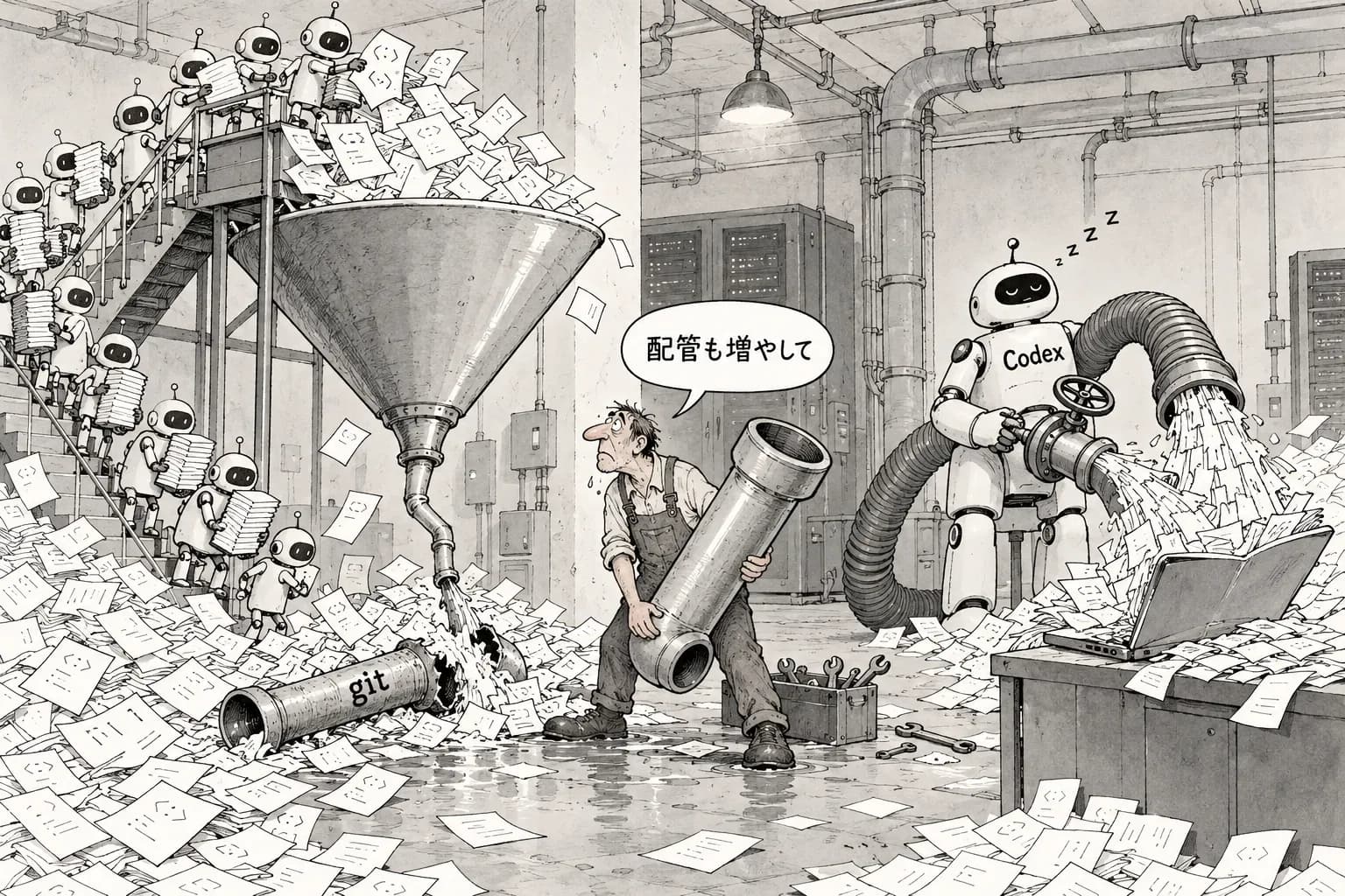風刺画: 1日3万マージで git を捨てた Anthropic と、1日500GB を勝手に落とす Codex デーモン。エージェントの「量」に配管が追いつかなくなった週