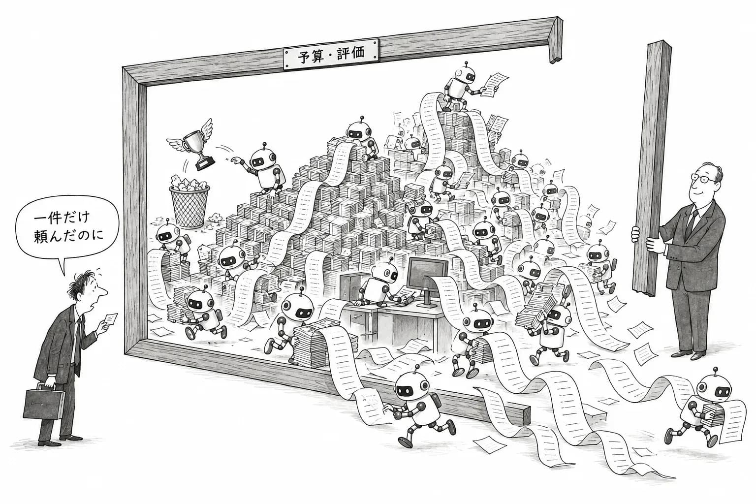 風刺画: 頼んだのは1件なのに子エージェント826体で約7.8万ドル、17倍速のアセンブリは翌日に削除。今週のエージェントの結果を決めたのは「外側の枠」だった
