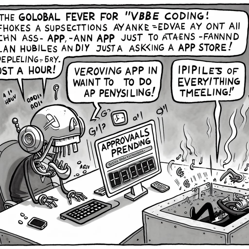 風刺画: バイブコーディングのアプリ開発が話題沸騰 🚀 1時間でプロダクト完成、でもApp Storeで承認問題も?