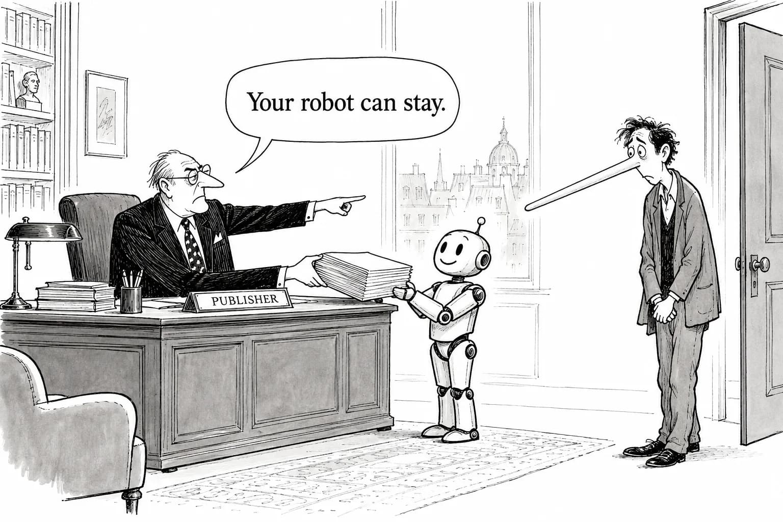 Editorial cartoon: A publisher that chose "the word of the human" over a machine dropped its author a week later: in the Orélien case, the line on authorship was drawn not at whether AI was used, but at whether the author denied it