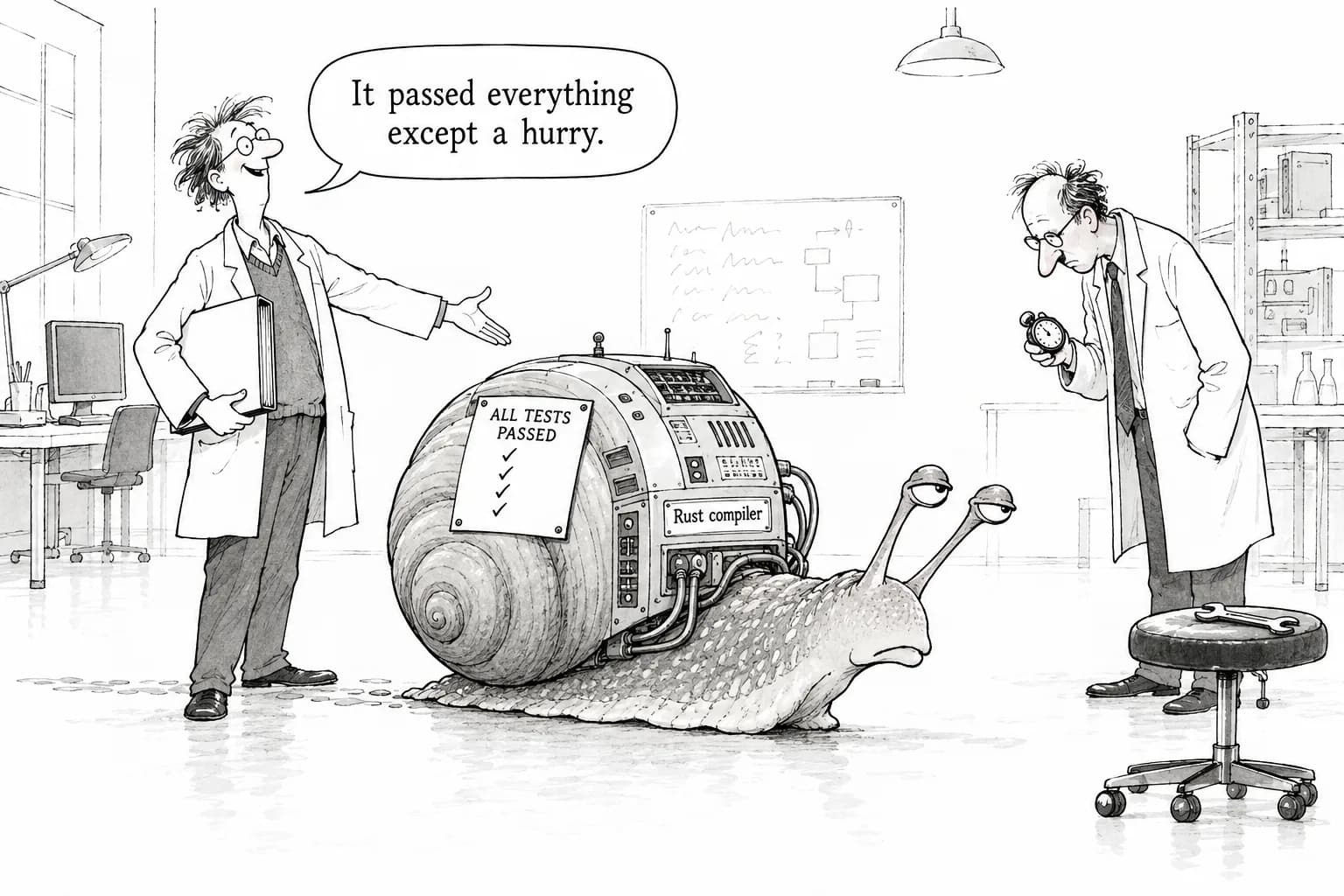 Editorial cartoon: TypeScript compiler ported to Rust "without reading a single line": about $24,000 and two weeks with Opus 5.5, then a "4–5x slower" report the next day