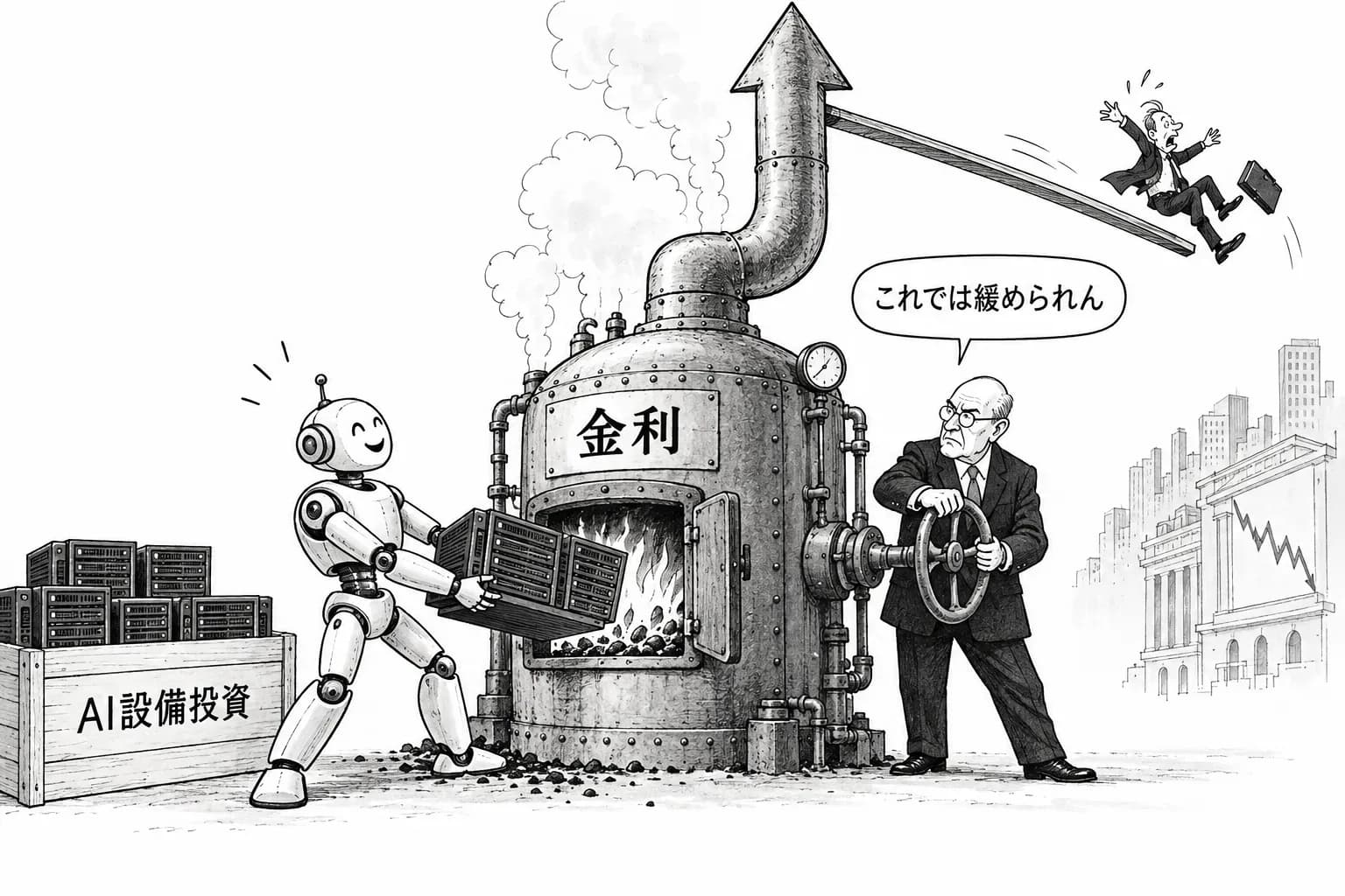 風刺画: 10年債は一時5.13%で2007年以来の水準に。FRB の Barr 理事、AI 投資の急増をインフレ要因に挙げる