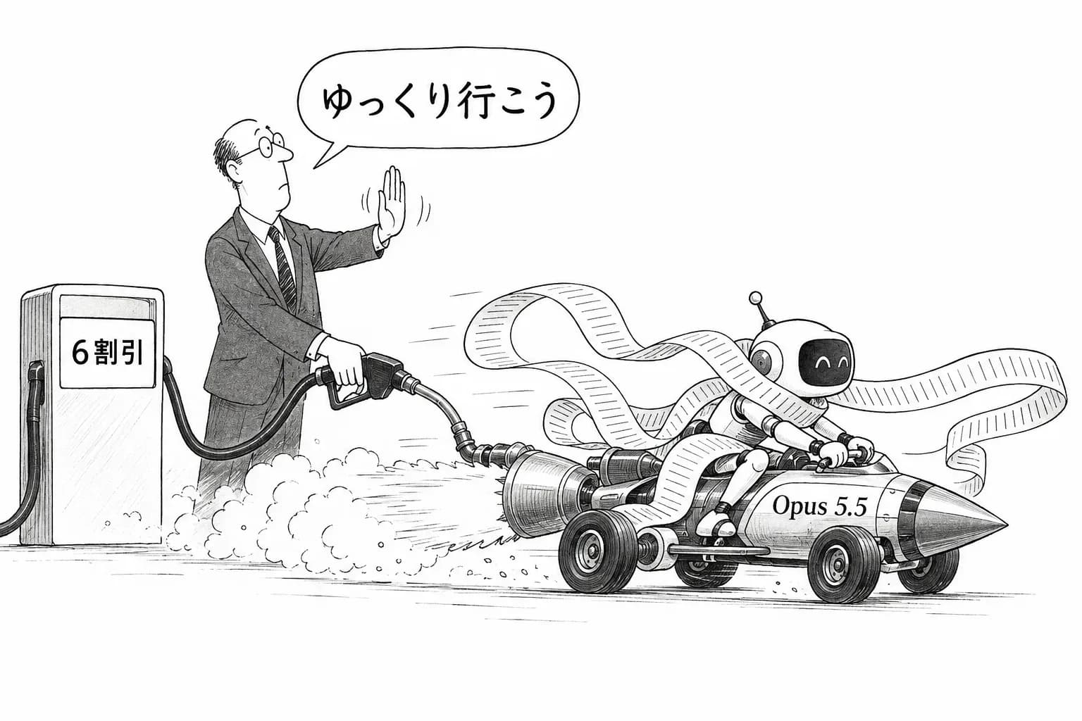風刺画: 減速を説いた10日後に出た最速のモデル — Opus 5.5 は、エージェントの原価に補助金を出す