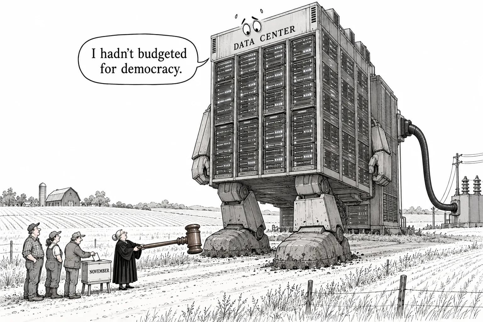 Editorial cartoon: Indiana judge overturns data center rezoning as more than 36 localities head to November votes — compute expansion begins to stall on local process and voters