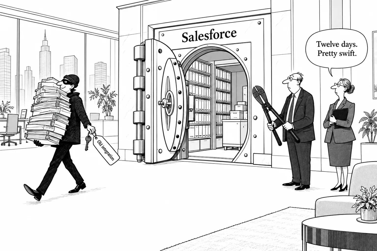 Editorial cartoon: Twelve days from attack to full token revocation: review your SaaS integration keys today