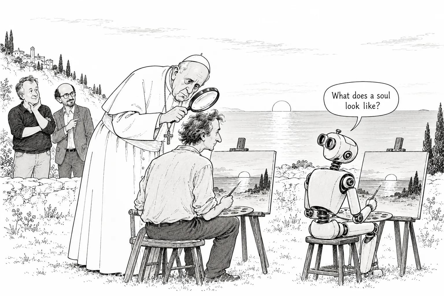 Editorial cartoon: Pope Leo XIV v. Paul Graham: 'Statistical computation is not art,' and 'a machine that sees the sunset with its own eyes isn't borrowing.' Tabarrok sides with Graham
