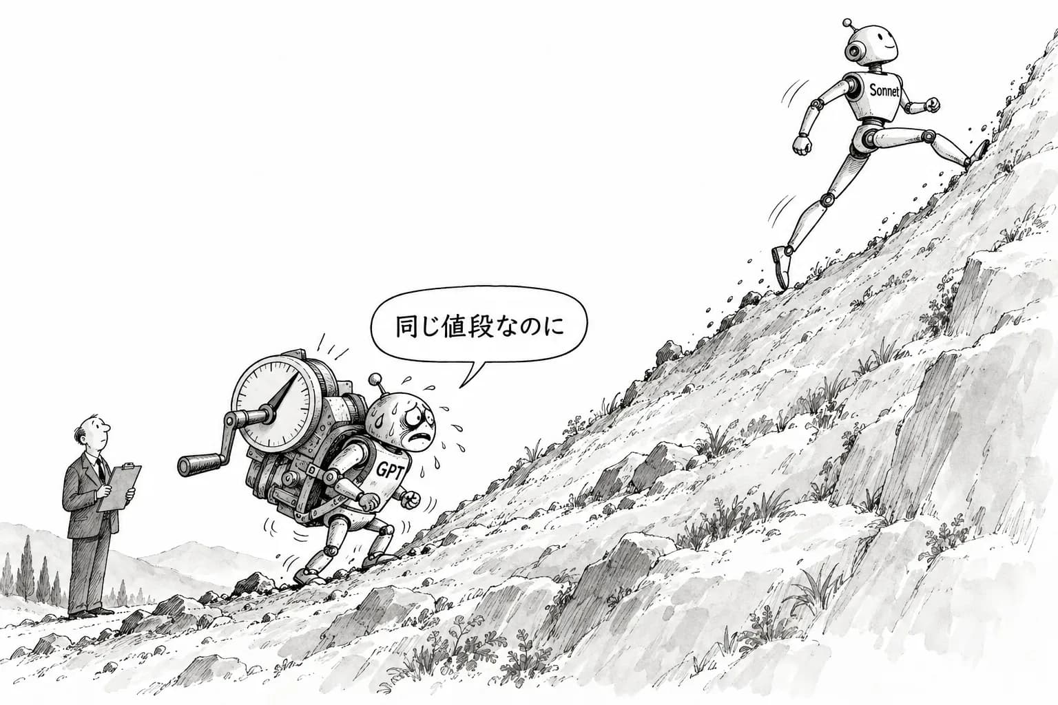 風刺画: 同じ2ドル/10ドルでも差は出た Artificial Analysis の比較で、Sonnet 5.5 が全段階で GPT-6.1 Sol を上回る