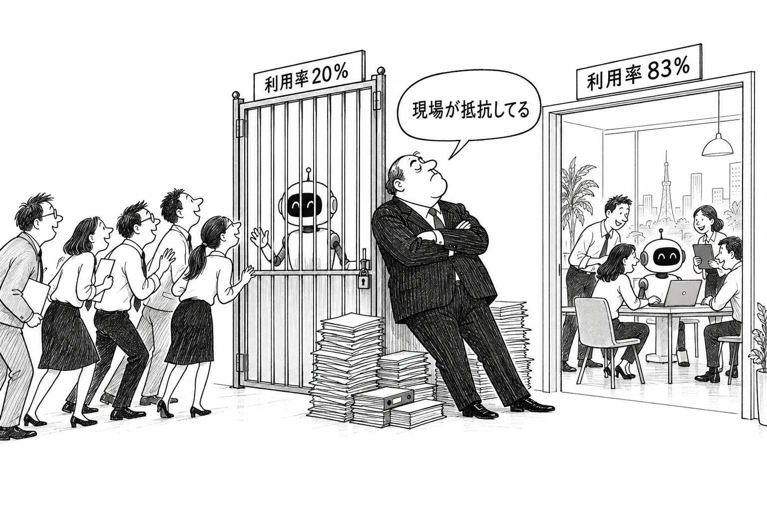 風刺画: 「現場が抵抗している」は言い訳にすぎない——2割から83%への飛躍が暴く組織設計の差