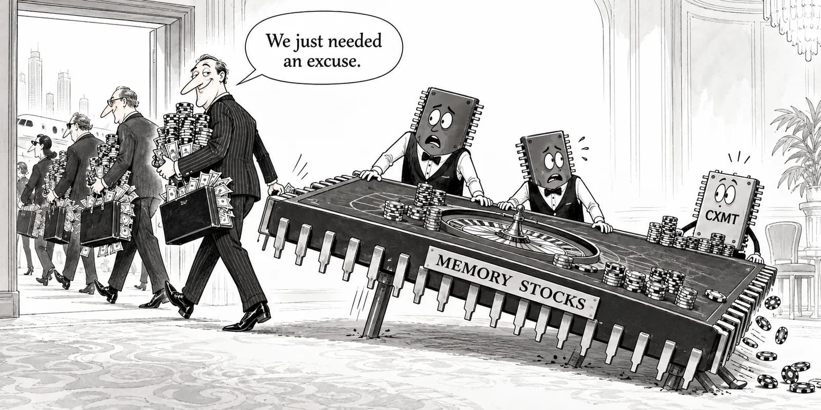 Editorial cartoon: Korean memory stocks fall for a second day: KOSPI −5.46%, SK hynix −10%, Kioxia −13% as CXMT's DRAM and Broadcom CEO's 'casino' remark become a pretext for capital outflows
