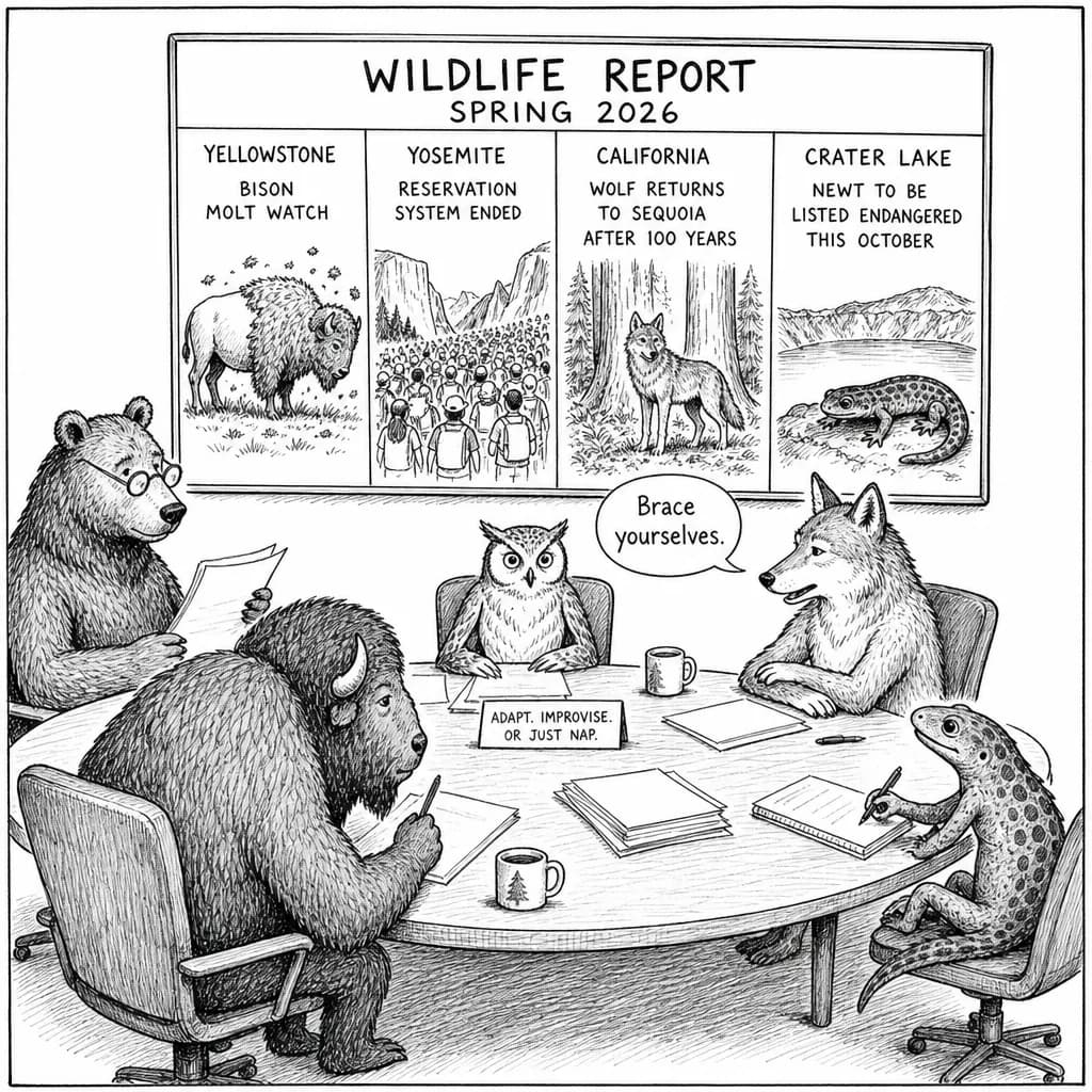 風刺画: イエローストーン・ヨセミテの野生動物報告書:2026年春の生態系変化と保護体制の最新動向