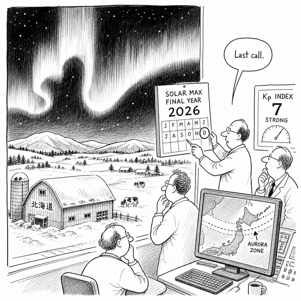 風刺画: 2026年北海道でもオーロラ観測の可能性が高まる - 太陽活動ピーク期の最後の機会