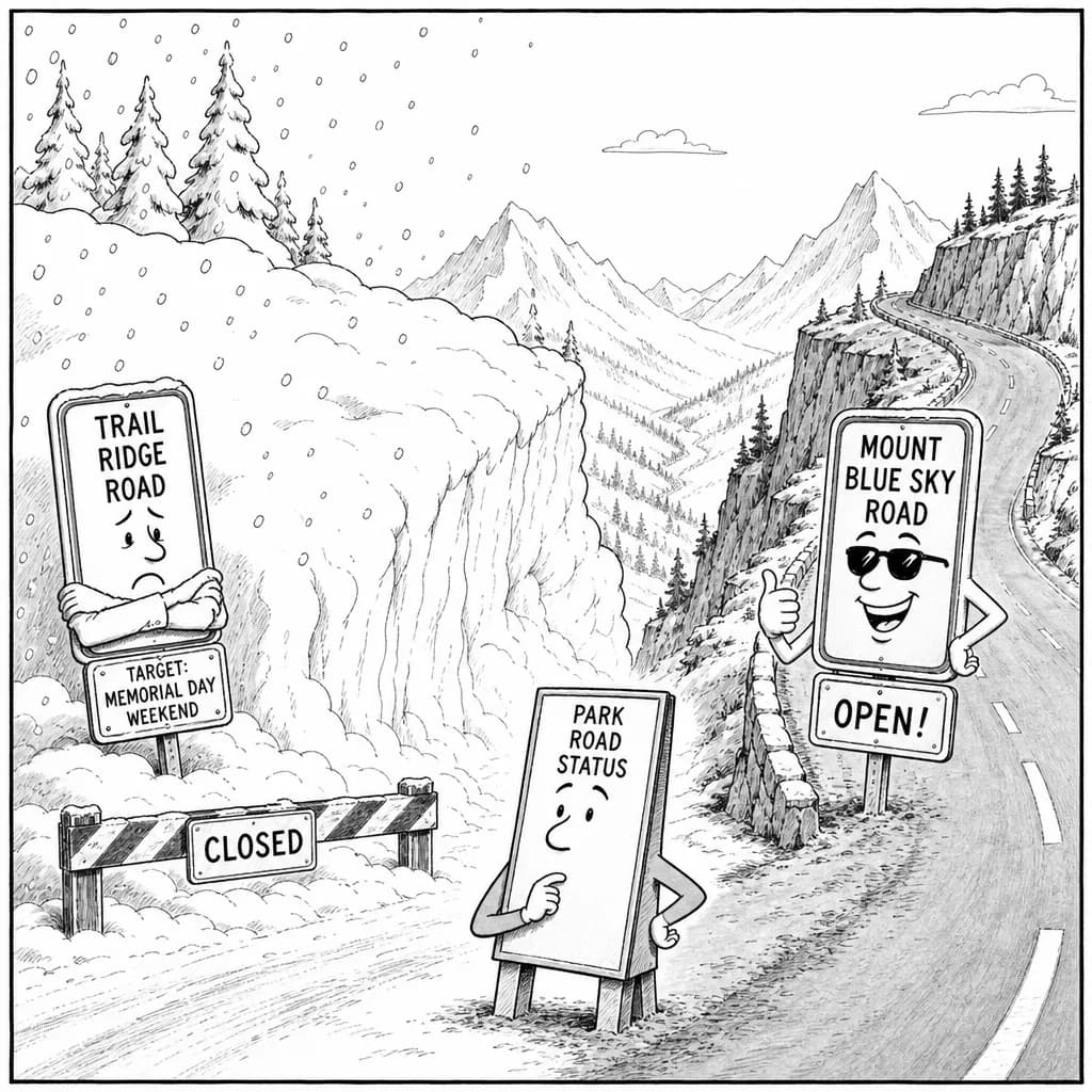 風刺画: 米国国立公園の山岳道路開通状況が大幅変化、2026年5月の異例な積雪で開通時期に遅れ