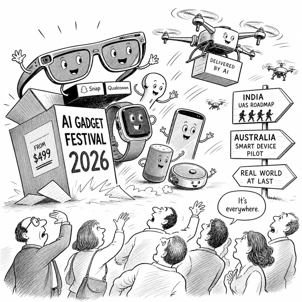 風刺画: 2026年のAIガジェット祭りが本格始動!スマートグラスからドローンまで、インド・オーストラリア発の実用化ラッシュ
