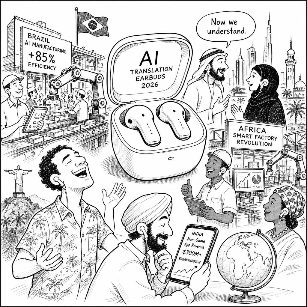 風刺画: 2026年のAI翻訳イヤホンが中東・南米で激アツ!ブラジル進出ラッシュとアフリカのスマート工場革命が同時進行中 🌍