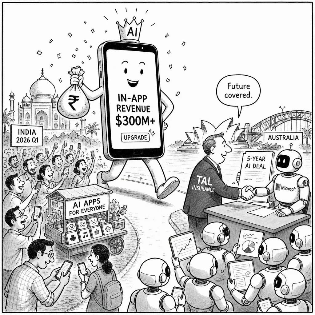 風刺画: 2026年のインドでAIスマートガジェットが爆発的成長中!アプリ内課金3億ドル突破、豪州TAL保険もAIツール導入で5年間の大型契約 📱