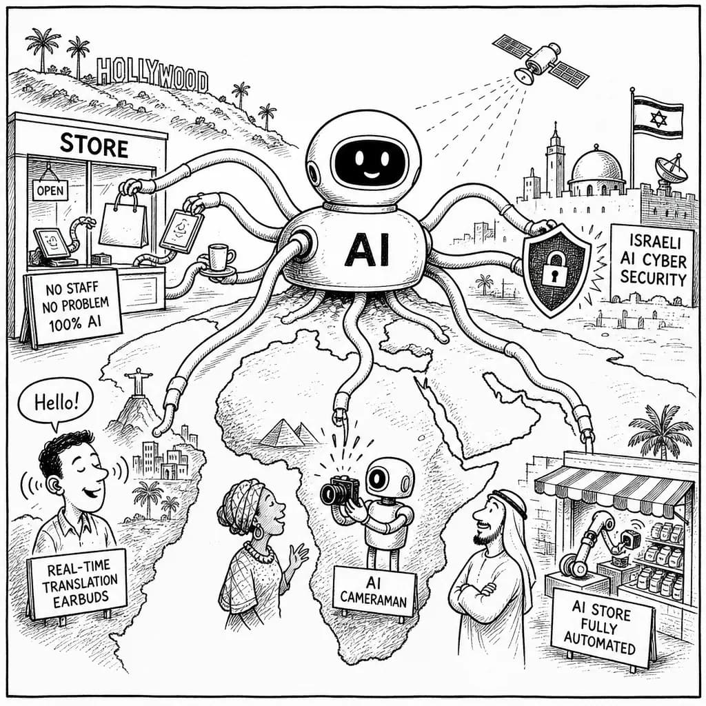 風刺画: 2026年のAIガジェット革命、中東・南米・アフリカで本格普及へ!リアルタイム翻訳イヤホンから店舗AI丸ごと自動化まで