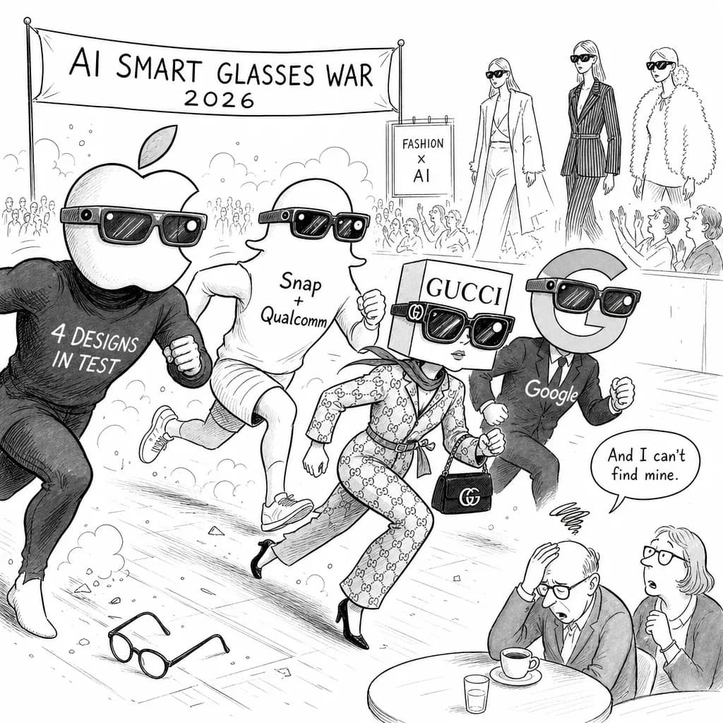 風刺画: 2026年のAIスマートグラス戦争が本格始動!Apple 4デザインテストからGucci×Google参戦まで、ファッション×AI融合の新時代突入