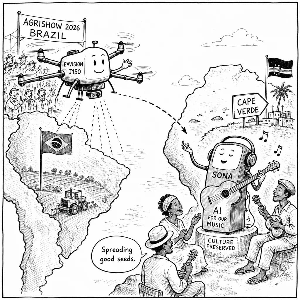風刺画: 2026年の南米AI農業革命が本格始動!ブラジルで自律ドローンがアフリカまで進出、Cape Verdeのローカル音楽AIが文化保護の新潮流を作ってる 🚀