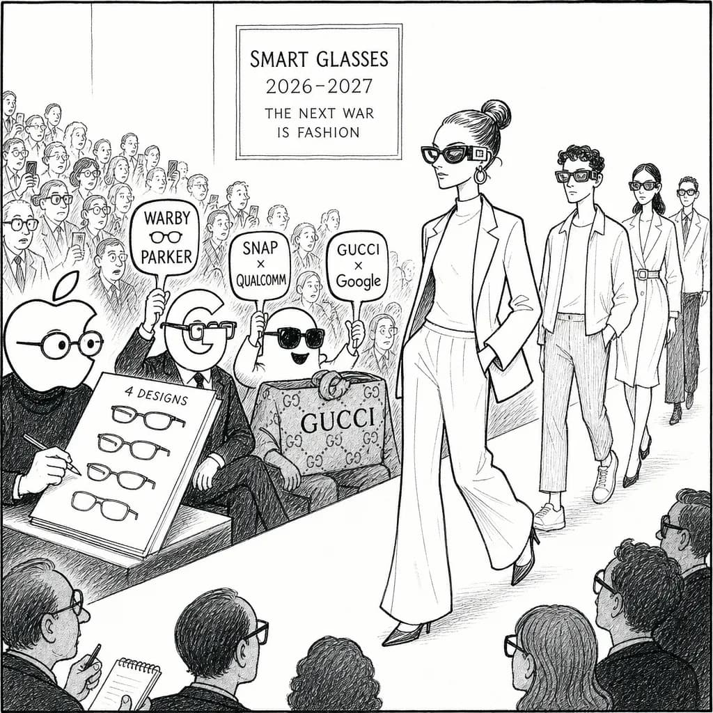 風刺画: 2026年のARスマートグラス競争が白熱化!Apple 4デザインテストからGucci×Google参戦まで、ファッション業界巻き込んだ次世代戦争が勃発