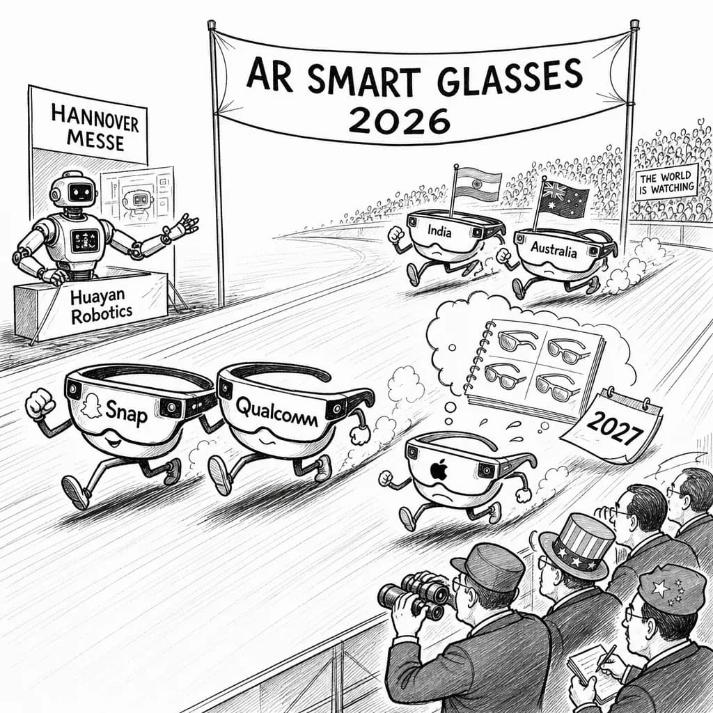 風刺画: 2026年のARスマートグラスが激戦区に突入!Apple遅れる中、Snap×Qualcommが先手を打つ 👀 インド・豪州でも開発競争が白熱化